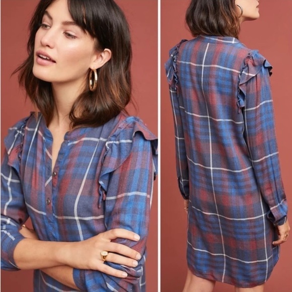 Anthropologie Cloth & Stone Plaid Ruffled Shirtdress Size Small - Picture 2 of 6